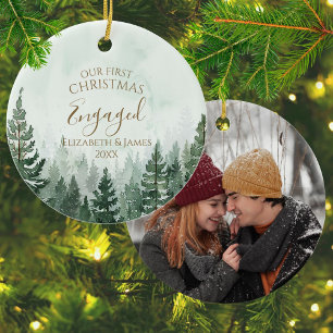 Our First Christmas Engaged Photo Pine Tree Forest Ceramic Ornament