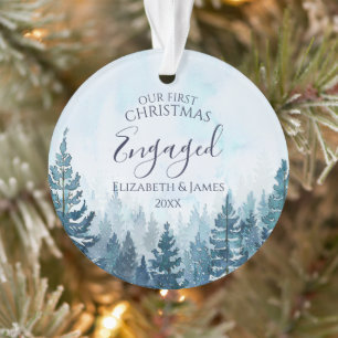 Our First Christmas Engaged Photo Pine Tree Forest Ornament
