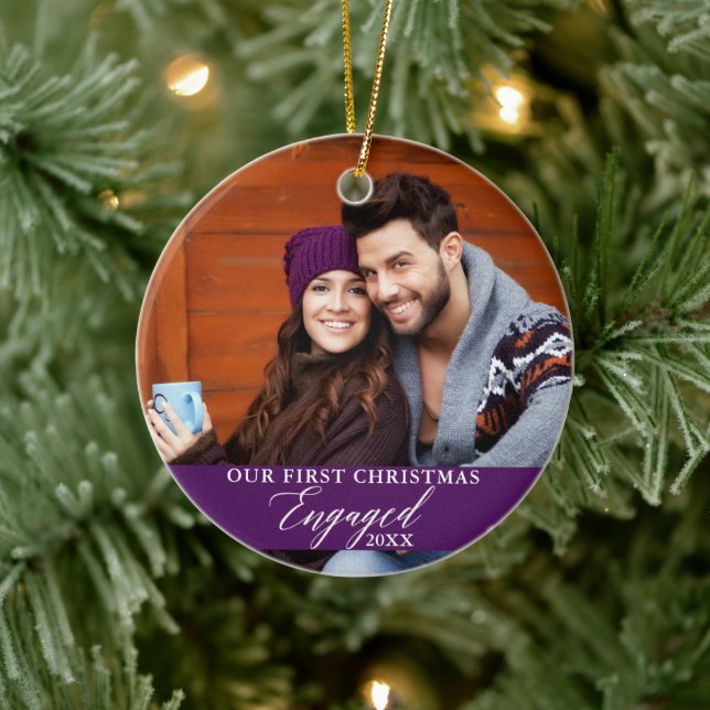 Our First Christmas Engaged Photo Purple Ceramic Ornament (Tree)
