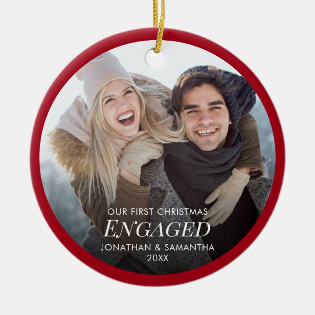 Our First Christmas Engaged Photo Red Ceramic Ornament (Front)