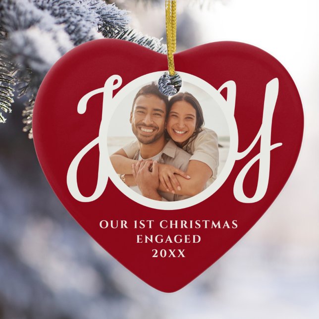 Our First Christmas Engaged Photo Red Heart-Shaped Ceramic Ornament (Creator Uploaded)