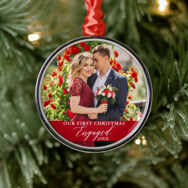 Our First Christmas Engaged Photo Red Metal Ornament (Tree)