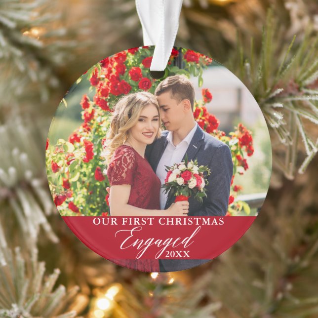Our First Christmas Engaged Photo Red Ornament (Tree)