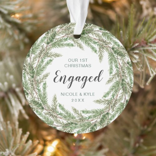 Our First Christmas Engaged Pine Wreath Photo Ornament