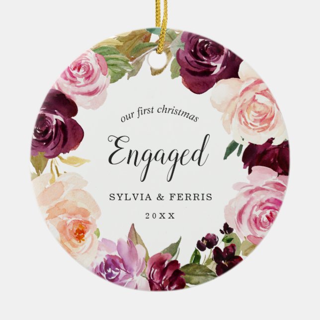 Our First Christmas Engaged Plum Floral Photo Ceramic Ornament (Front)