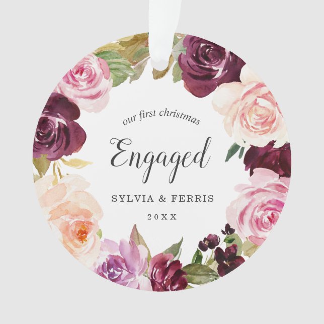 Our First Christmas Engaged Plum Floral Photo Ornament (Front)