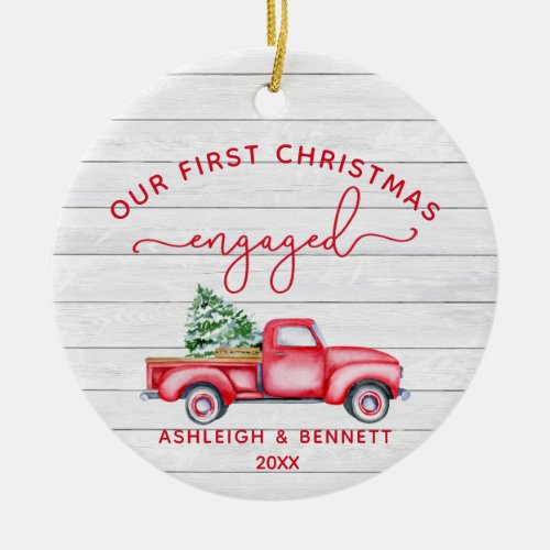 Our First Christmas Engaged Red Truck Photo Cerami Ceramic Ornament