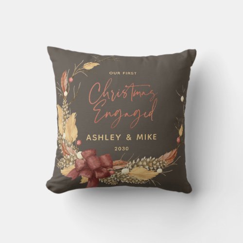 Our First Christmas Engaged Rustic Copper Photo Throw Pillow