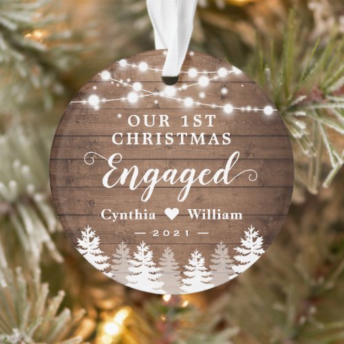 Our First Christmas Engaged Rustic Pine Tree Photo Ornament