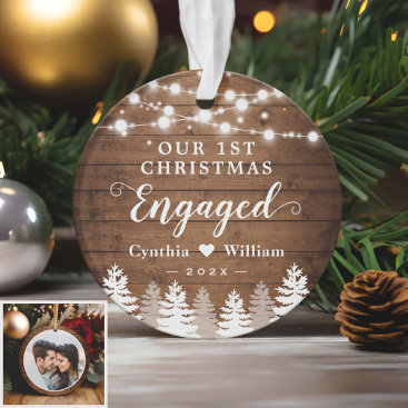 Our First Christmas Engaged Rustic Pine Tree Photo Ornament