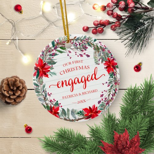 Our First Christmas Engaged Rustic Wreath Ceramic Ornament
