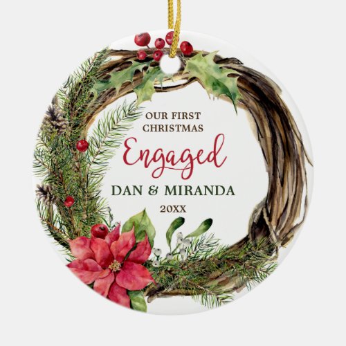 Our First Christmas Engaged Rustic Wreath Custom Ceramic Ornament
