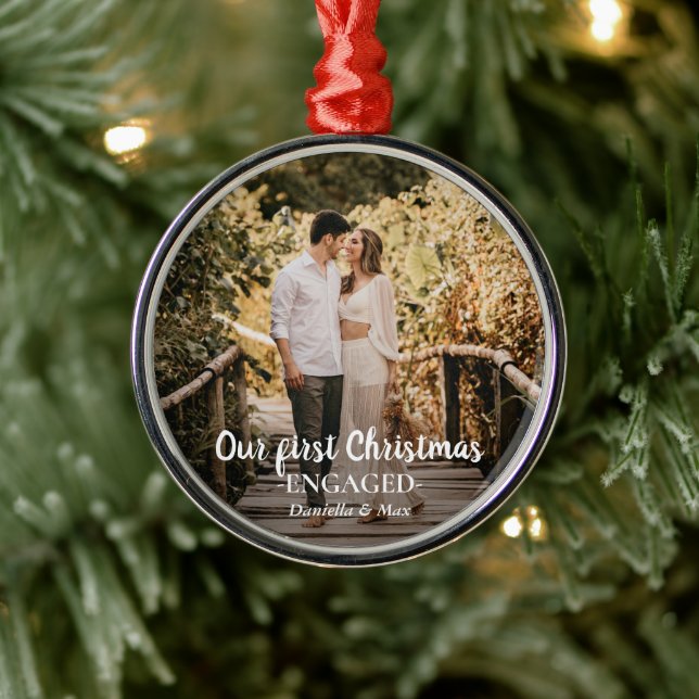 Our First Christmas Engaged Script Couple Photo Me Metal Ornament (Tree)