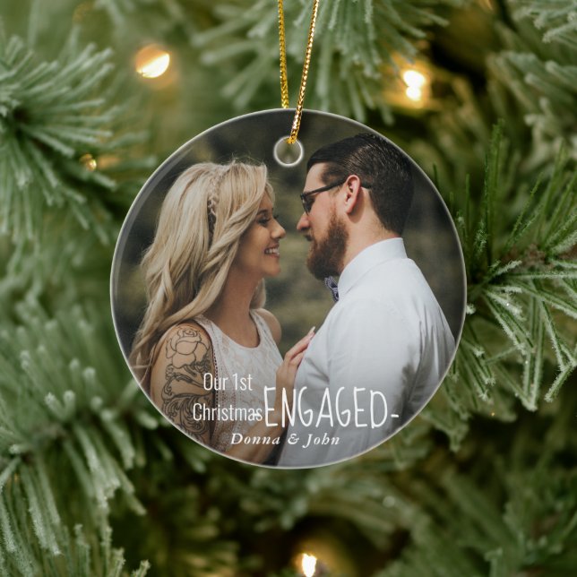 Our First Christmas Engaged Script Elegant Photo Ceramic Ornament (Tree)