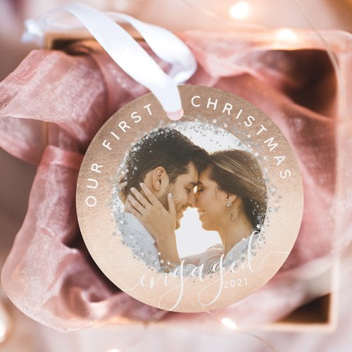 Our First Christmas Engaged Script Gold Two Photo Ornament