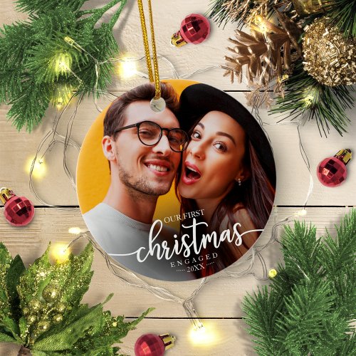 Our First Christmas Engaged Simple Elegant Photo Ceramic Ornament
