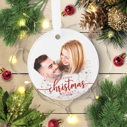 Our First Christmas Engaged Simple Elegant Photo Ornament