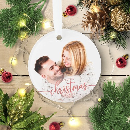 Our First Christmas Engaged Simple Elegant Photo Ornament