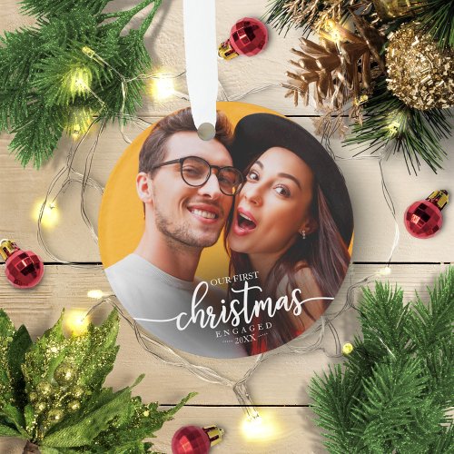 Our First Christmas Engaged Simple Elegant Photo Ornament