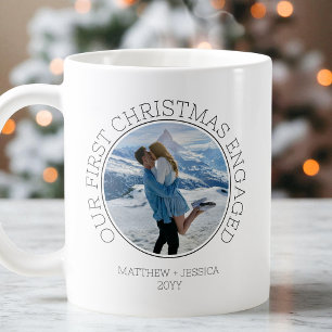 Our First Christmas Engaged SImple Modern 2 Photo Coffee Mug