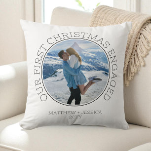 Our First Christmas Engaged SImple Modern 2 Photo Throw Pillow