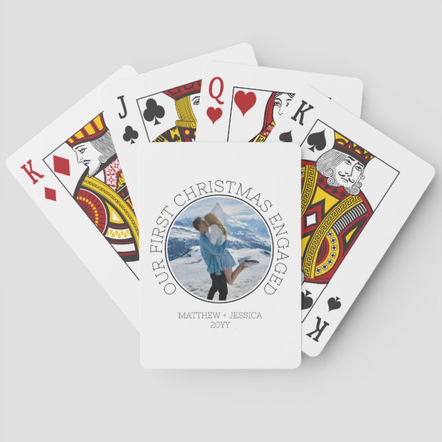 Our First Christmas Engaged SImple Modern Photo Poker Cards (Back)