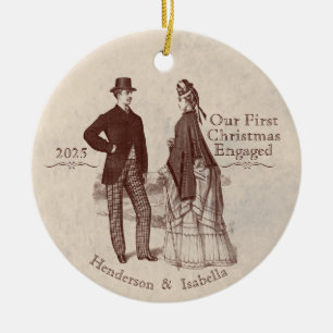 Our First Christmas Engaged Vintage Couple Ceramic Ornament