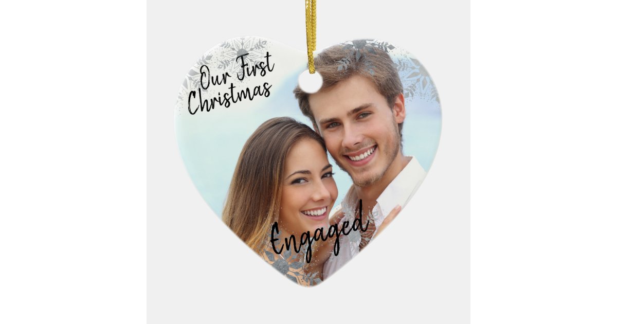 Our First Christmas Engaged w. Your Photo - Heart Ceramic Ornament | Zazzle