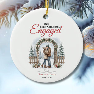 Our First Christmas Engaged Watercolor Couple Ceramic Ornament