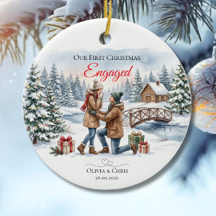 Our First Christmas Engaged Watercolor Couple Ceramic Ornament