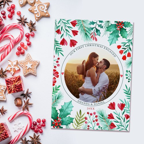 Our First Christmas Engaged Watercolor Foliage Holiday Card