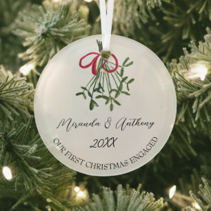 Our First Christmas Engaged Watercolor Mistletoe Glass Ornament