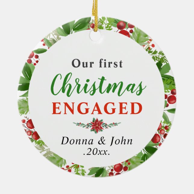 Our First Christmas Engaged | Watercolor Wreath Ceramic Ornament (Back)