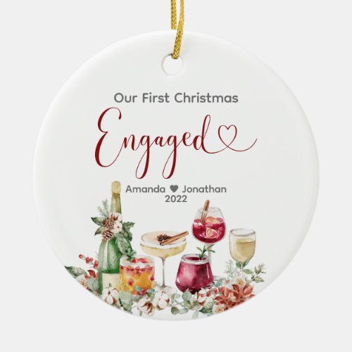 Our First Christmas Engaged Wine Dinner Ceramic Ornament
