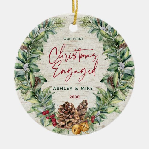 Our First Christmas Engaged Winter Wreath Photo Ce Ceramic Ornament
