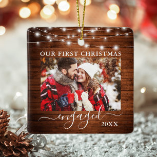 Our First Christmas Engaged Wood Lights Photo Ceramic Ornament