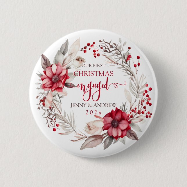 Our first Christmas Engaged wreath Button (Front)