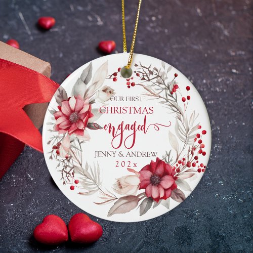 Our first Christmas Engaged wreath Ceramic Ornament