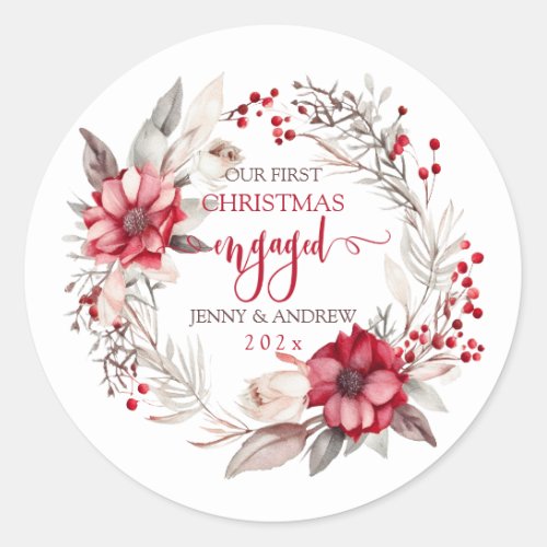 Our first Christmas Engaged wreath Classic Round Sticker