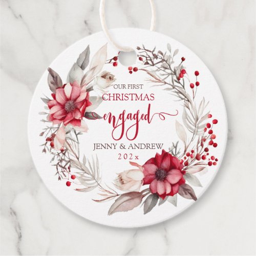 Our first Christmas Engaged wreath Favor Tags