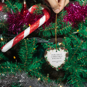 Our first Christmas Engaged Wreath Pine Photo Ceramic Ornament