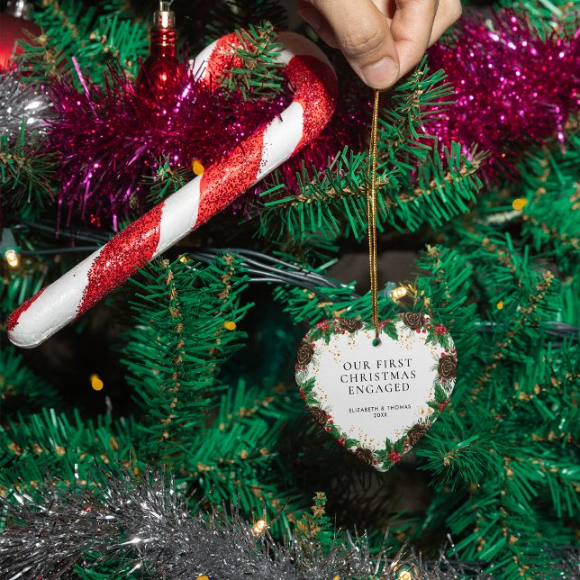 Our first Christmas Engaged Wreath Pine Photo Ceramic Ornament (Front)