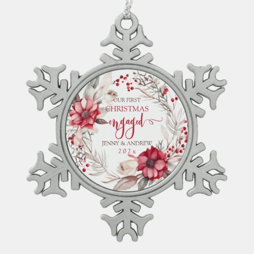 Our first Christmas Engaged wreath Snowflake Pewter Christmas Ornament