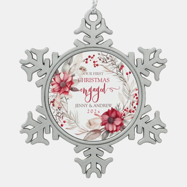 Our first Christmas Engaged wreath Snowflake Pewter Christmas Ornament (Front)