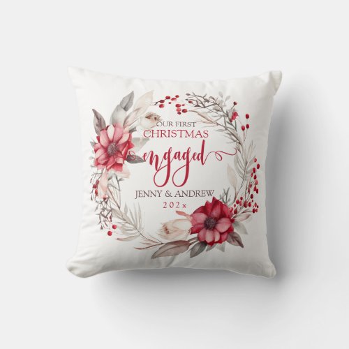 Our first Christmas Engaged wreath Throw Pillow