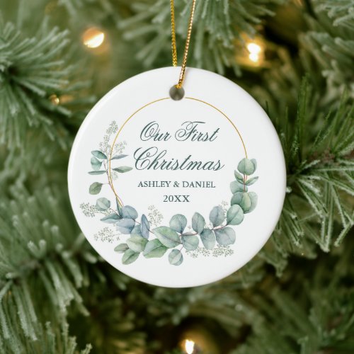 Our First Christmas Eucalyptus Leaves Ceramic Ornament
