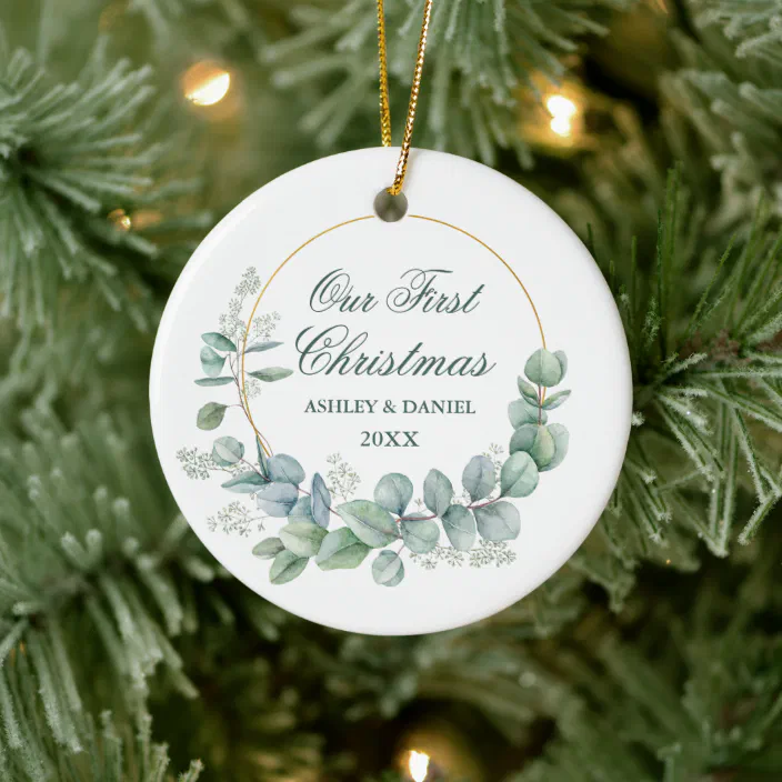 Wedding Gift and Mrs Eucalyptus Greenery Keepsake Bridal Shower Gift Our First Christmas Married Ornament First Christmas Mr