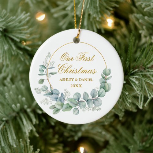 Our First Christmas Eucalyptus Leaves Gold Ceramic Ornament