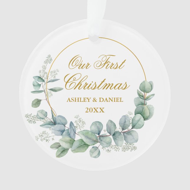 Our First Christmas Eucalyptus Leaves Gold Ornament (Front)