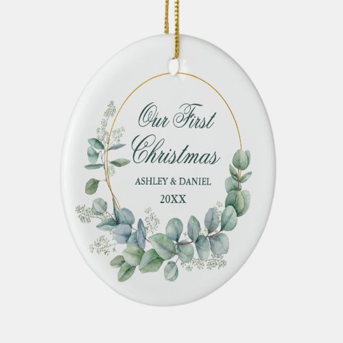 Our First Christmas Eucalyptus Leaves Photo Back Ceramic Ornament